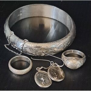 Vintage Sterling Silver Etched Bangle Bracelet Rings & Earring Jewelry Lot